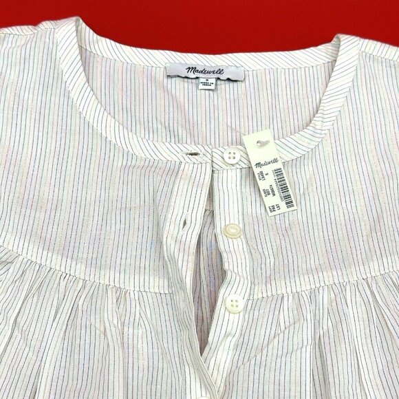 Madewell Ruffle-Sleeve Bib Top Metallic Lurex Stripe Size Small Button Up Blouse - Picture 5 of 10